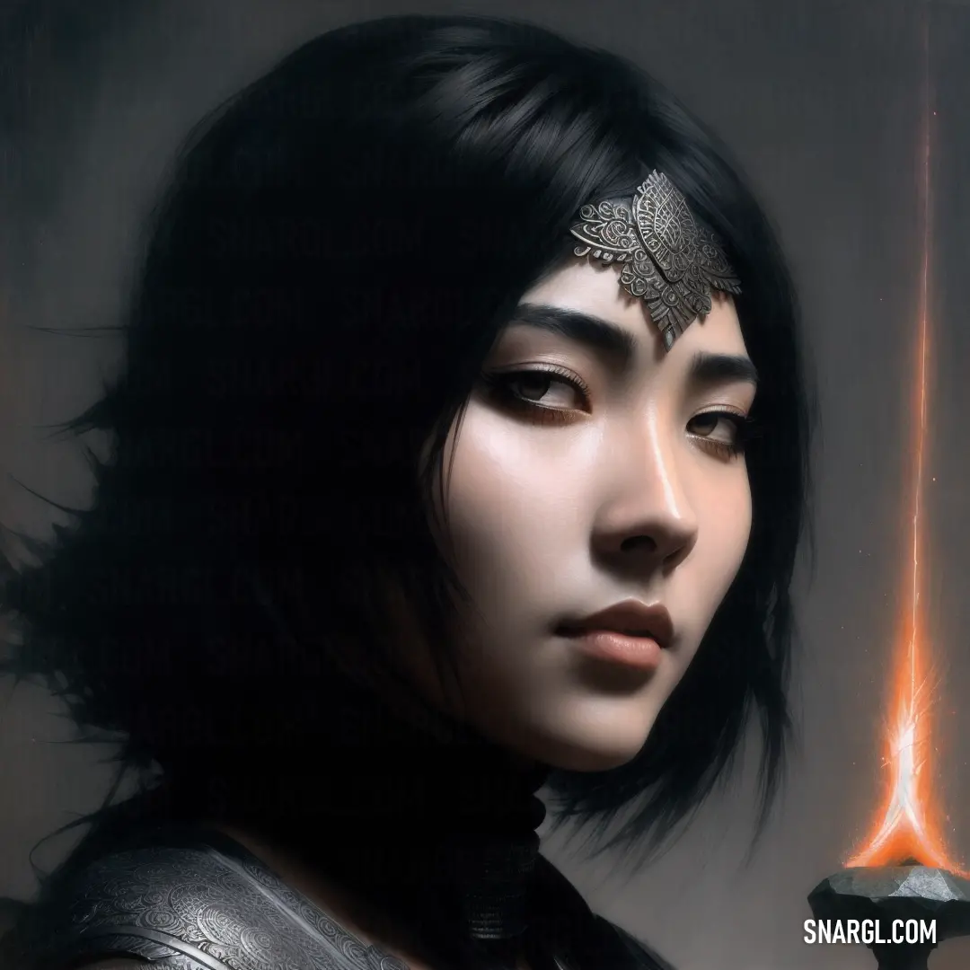 A woman with a futuristic, sci-fi hairstyle stands in a dark space, holding a gleaming sword. The soft glow of the blade contrasts against the moody background, creating an atmosphere of mystery and strength.