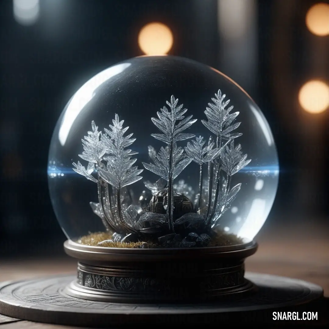 A snow globe containing a small plant sits on a table, bathed in soft light from the surrounding bokeh. The soothing Rose Quartz color adds warmth to the tranquil scene, creating a cozy atmosphere perfect for reflection.