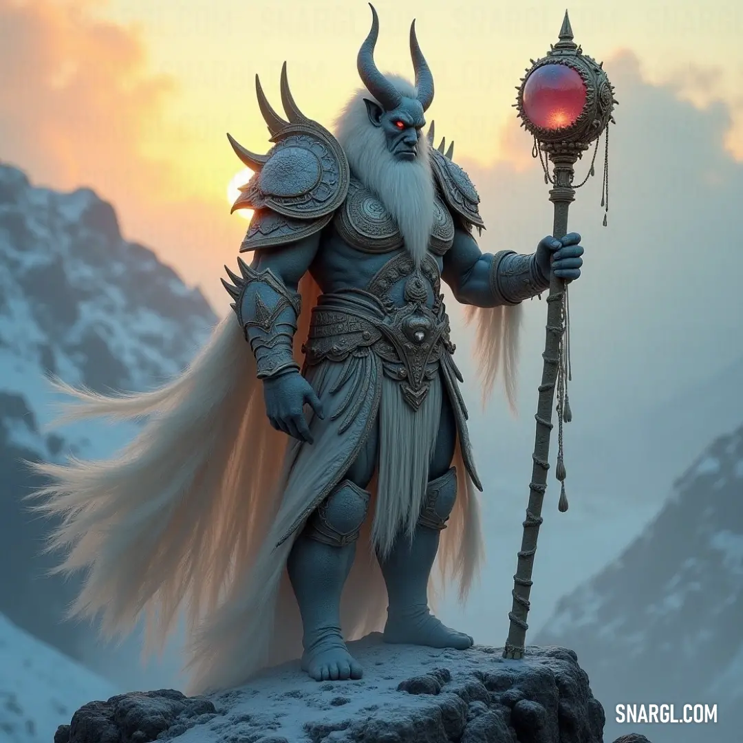 A captivating sunset scene featuring a majestic statue of a demon, grasping a glowing light bulb, perched atop a rugged mountain, casting a mystical aura over the landscape, illuminated by the golden hour.