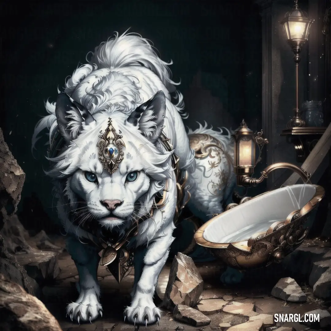 A majestic white tiger with striking blue eyes and a gleaming fur coat, walking through a cave illuminated by a bowl and lamp, all bathed in a subtle rose quartz hue.