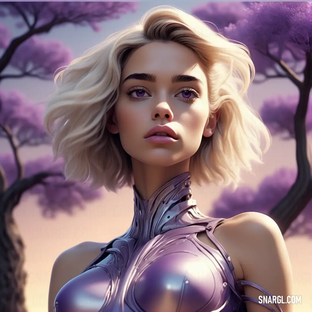 Woman in a futuristic outfit standing in front of trees with purple flowers on it's chest. Color CMYK 0,11,1,33.