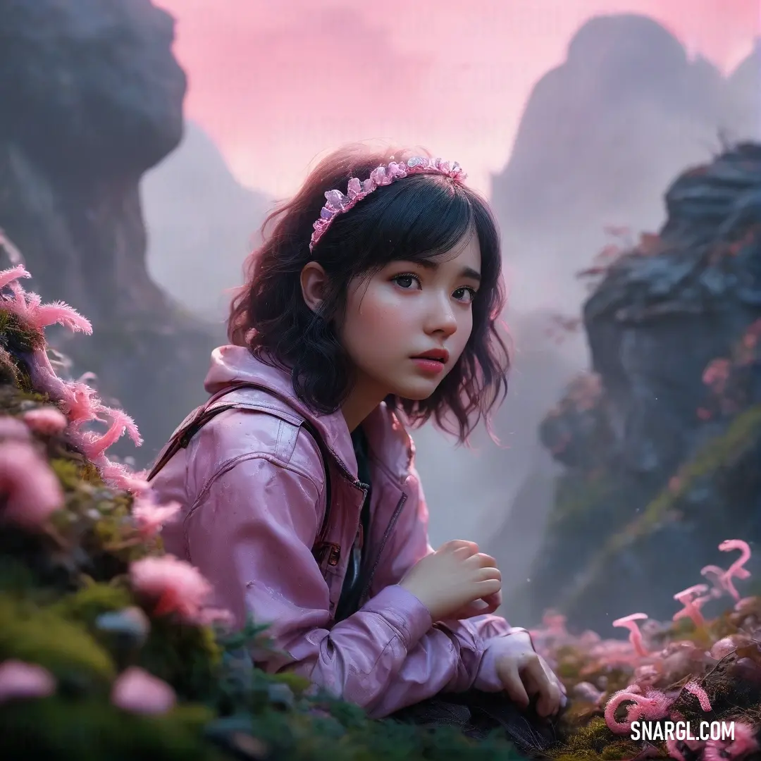 Young girl on a rock in a pink forest with pink flowers and mossy rocks in the background. Color CMYK 0,11,1,33.