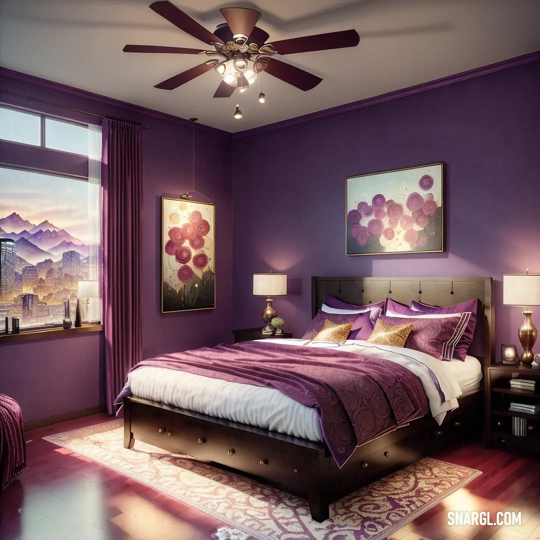 Bedroom with a purple wall and a bed with a purple comforter and pillows