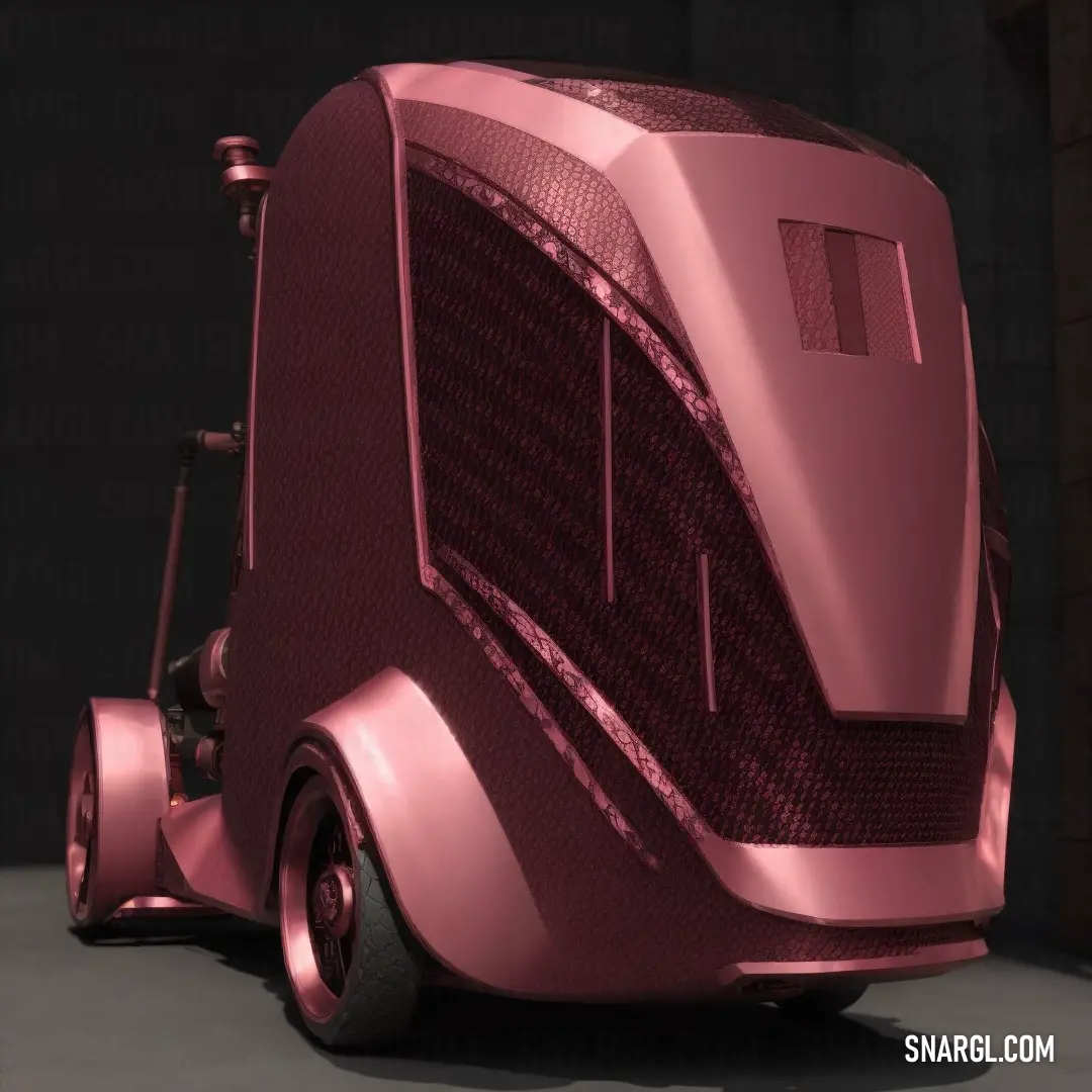 Pink futuristic vehicle is parked in a dark room with a brick wall behind it and a door in the background