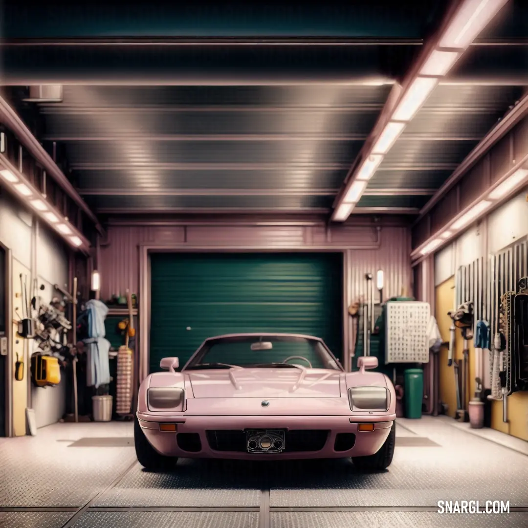 Pink sports car parked in a garage with a green door and a green door behind it and a man standing in the doorway