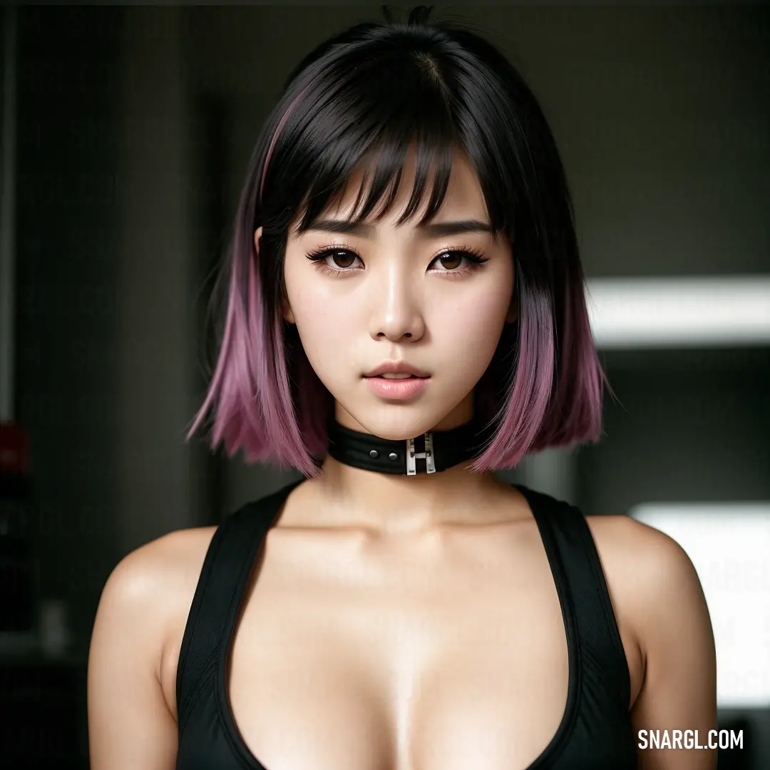 Woman with a choker around her neck and a black top on her chest