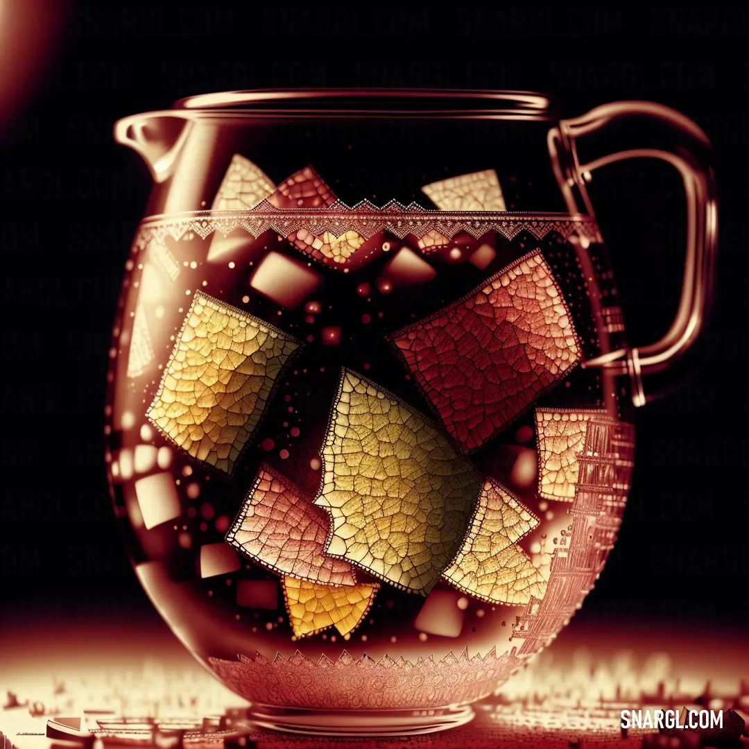 Glass pitcher with a pattern of squares in it on a table top with a candle in the background