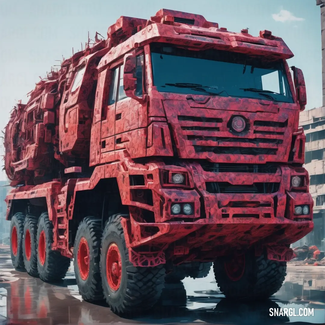 Large red truck is parked in a lot with other vehicles in the background. Color RGB 171,78,82.