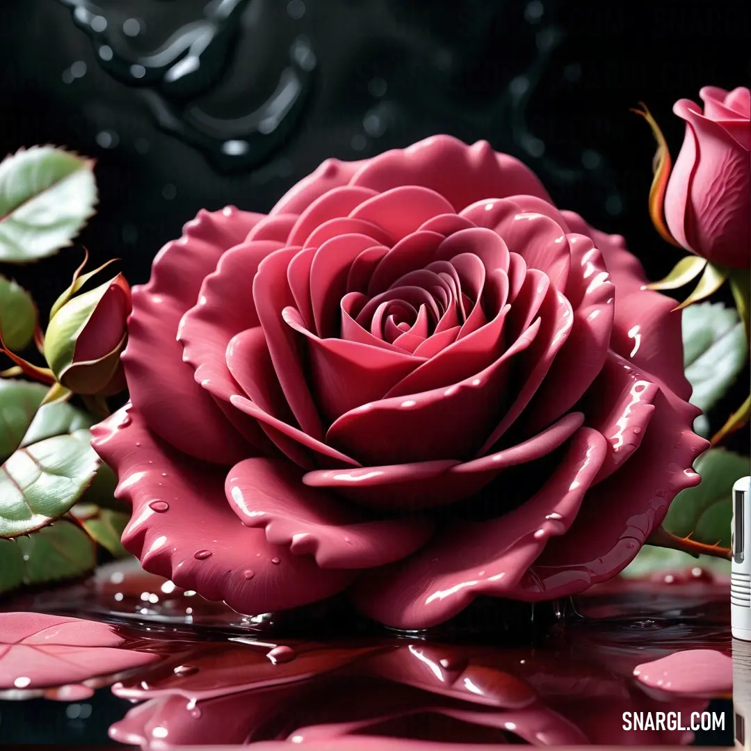 Red rose with water droplets on it and a bottle of deodorant next to it on a table. Color RGB 171,78,82.