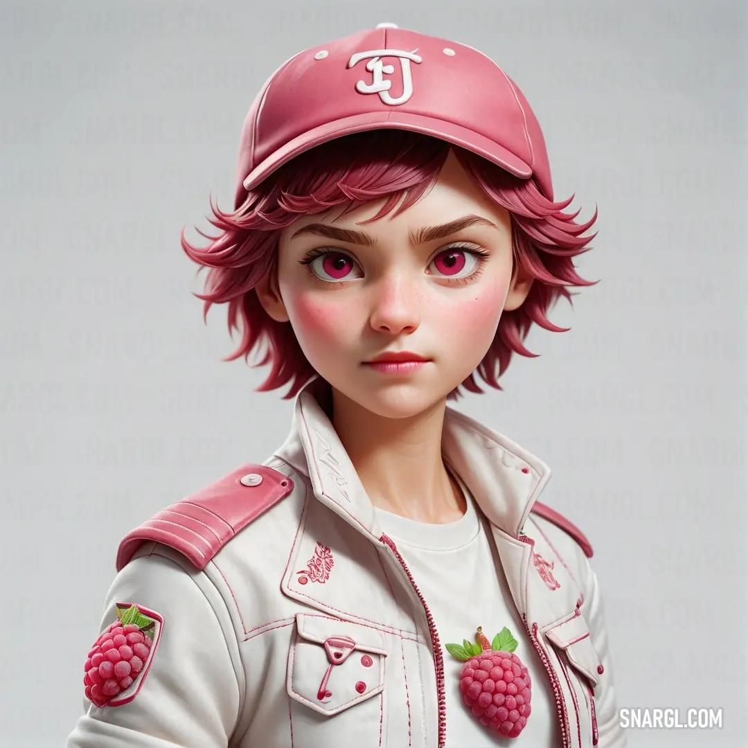 Rose vale color. Girl with a pink hat and a white jacket and a raspberry patch on her jacket
