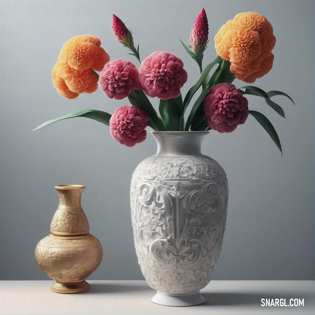 Vase with flowers in it next to a vase with flowers in it on a table next to a vase. Example of RGB 171,78,82 color.