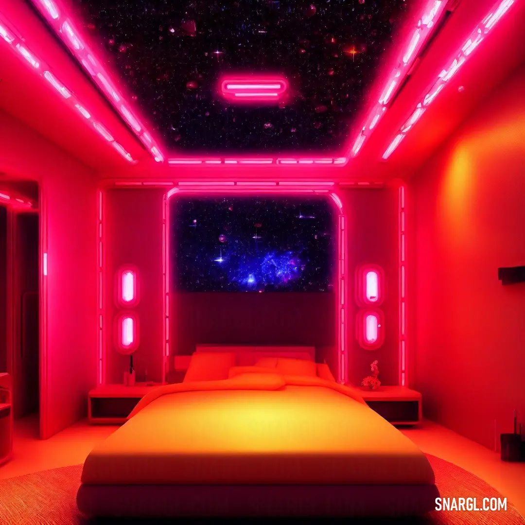 Bed in a room with a lot of lights on the ceiling