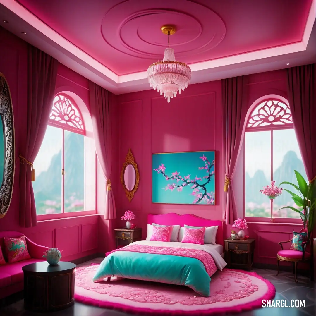 Bedroom with pink walls and a pink bed and a pink rug and a pink chair. Color #FF007F.