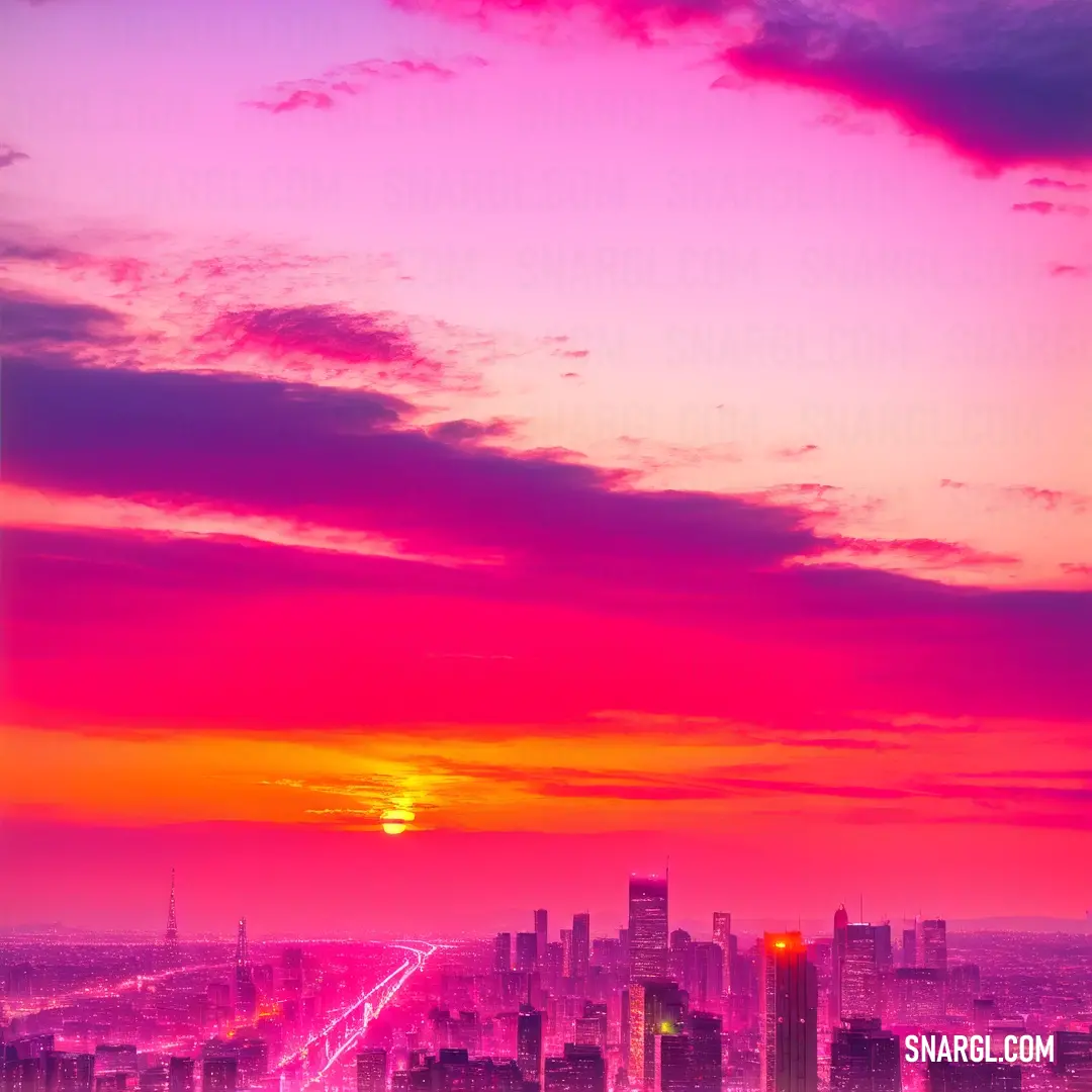 City skyline with a pink and purple sky and a sunset in the background with a red
