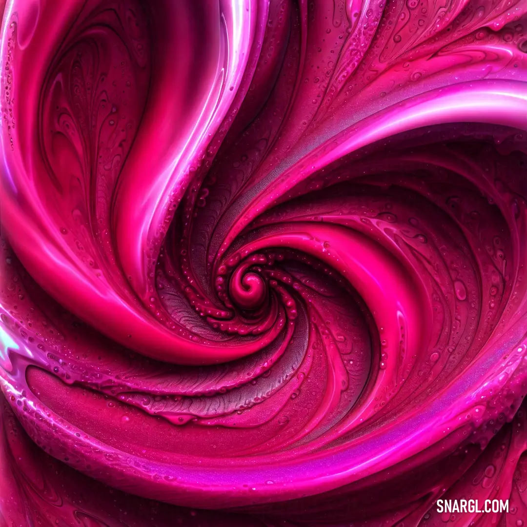 Close up of a pink swirl with water droplets on it's surface and a blue background with a white border
