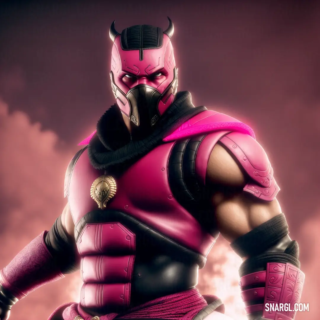 Man in a pink costume with a sword in his hand and a pink helmet on his head and a purple background