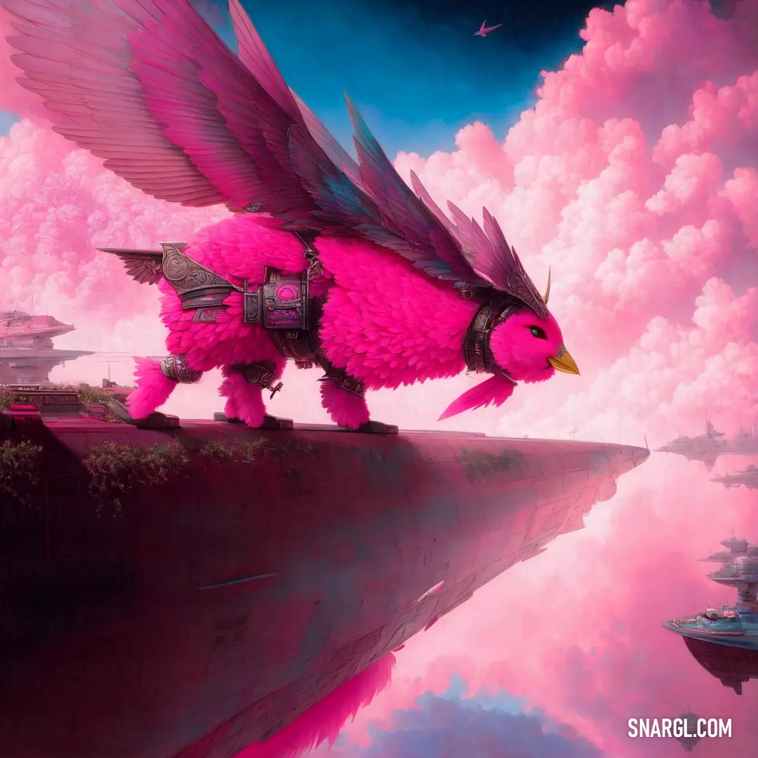 Pink bird with wings is standing on a ledge above a body of water with a boat in the background