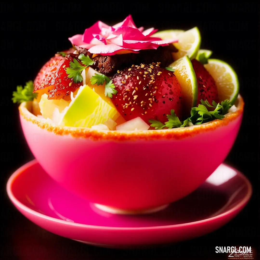 Pink bowl filled with fruit and garnishes on a pink plate on a black background