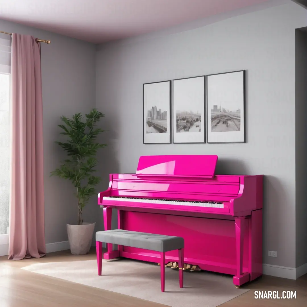 Rose color example: Pink piano in a room with a bench and a plant in the corner of the room and a picture on the wall