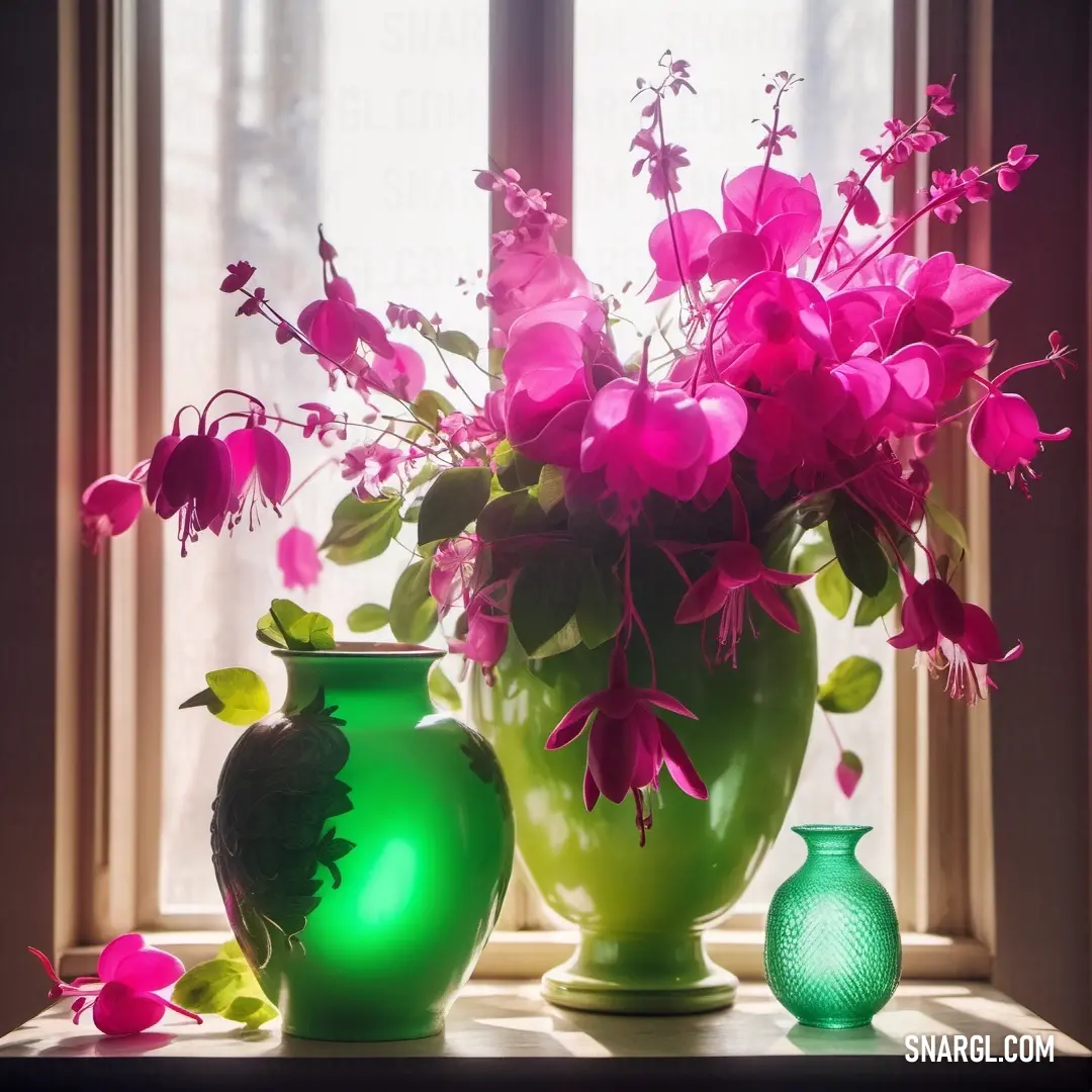 Vase with flowers in it next to a window sill with a green vase. Example of CMYK 0,100,50,0 color.