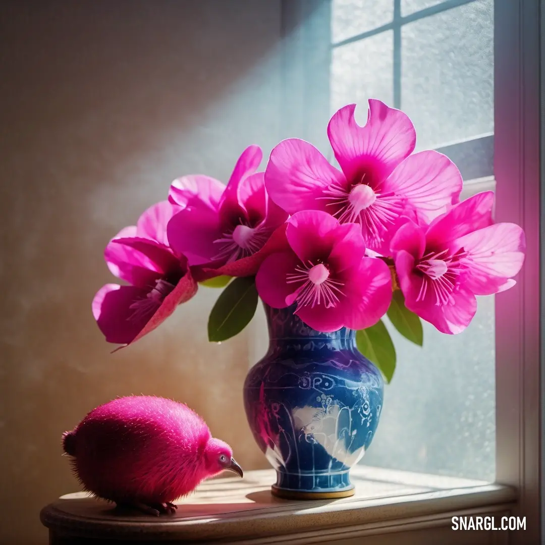 Vase with pink flowers on a table next to a window sill with a bird on it. Color CMYK 0,100,50,0.