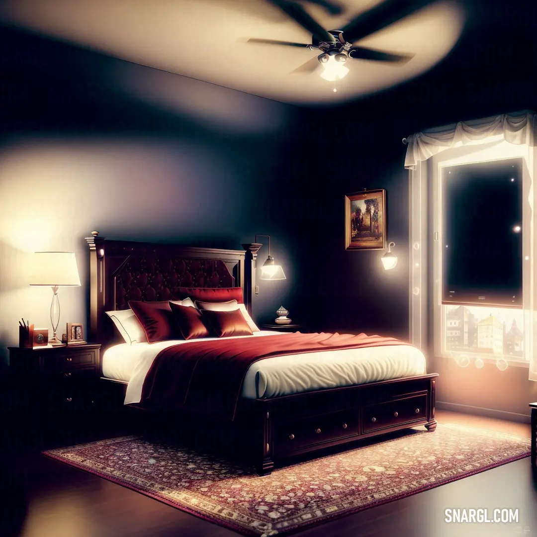 Rosewood color. Bedroom with a bed, mirror