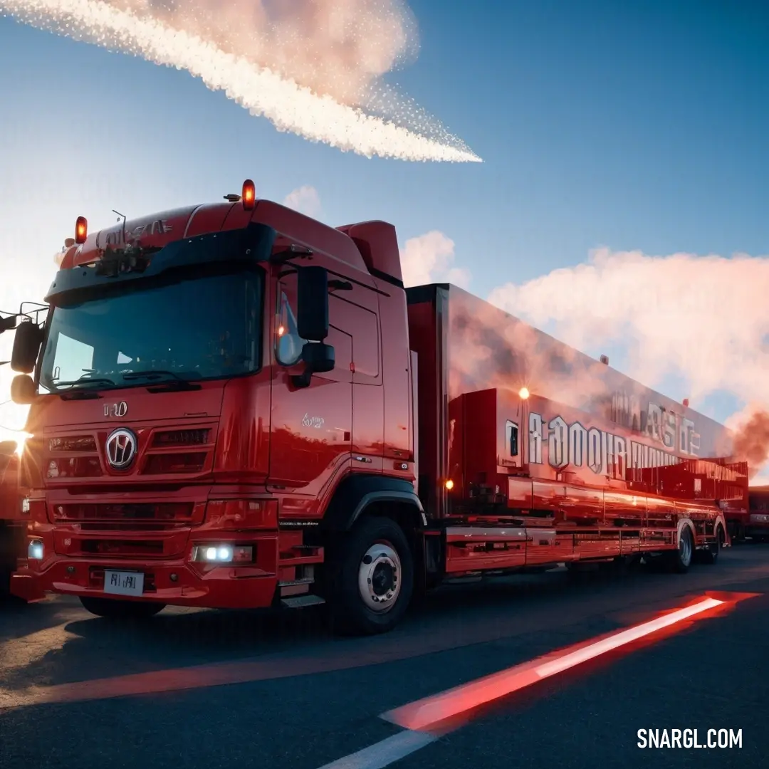 Red semi truck driving down a street next to a red plane flying in the sky above it and a red truck