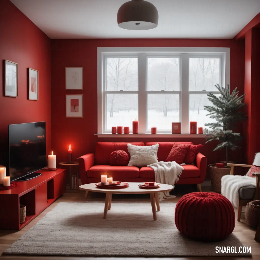 Living room with red walls and a white rug on the floor and a red couch and a white coffee table. Example of CMYK 0,100,89,60 color.