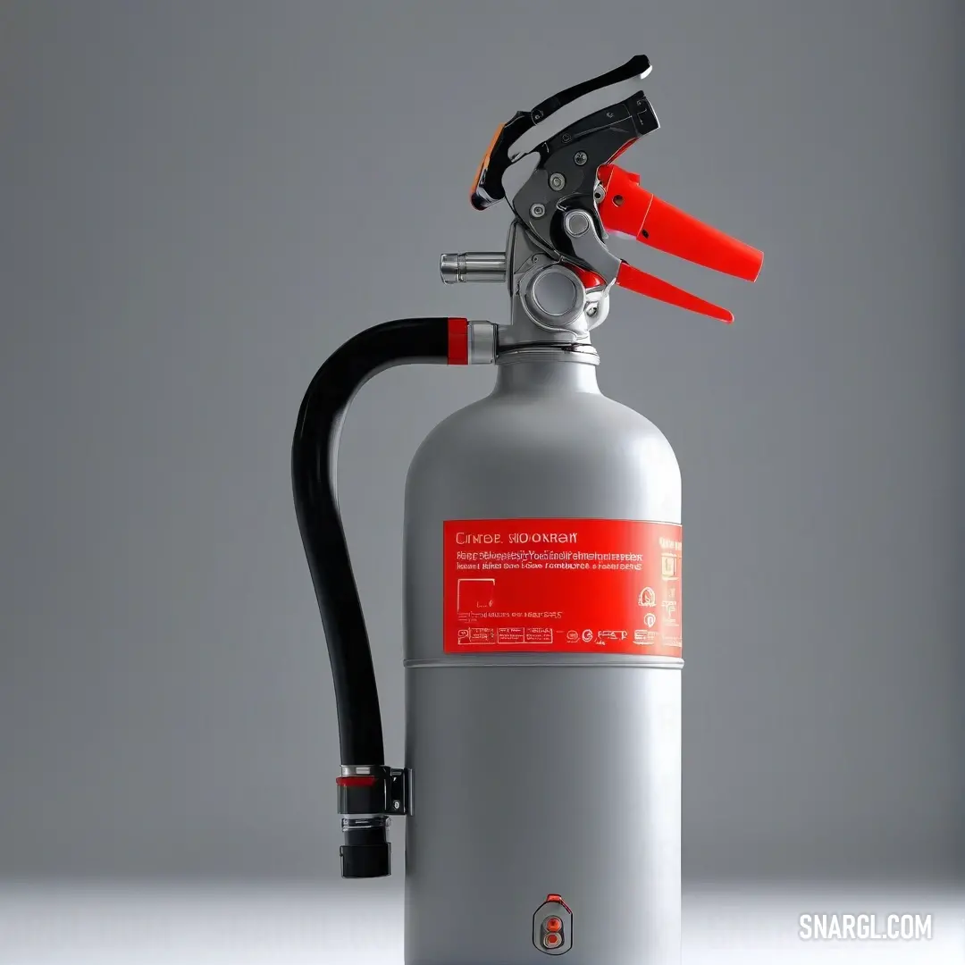 Fire extinguisher with a hose attached to it's head and a red handle on the handle. Color RGB 212,0,0.