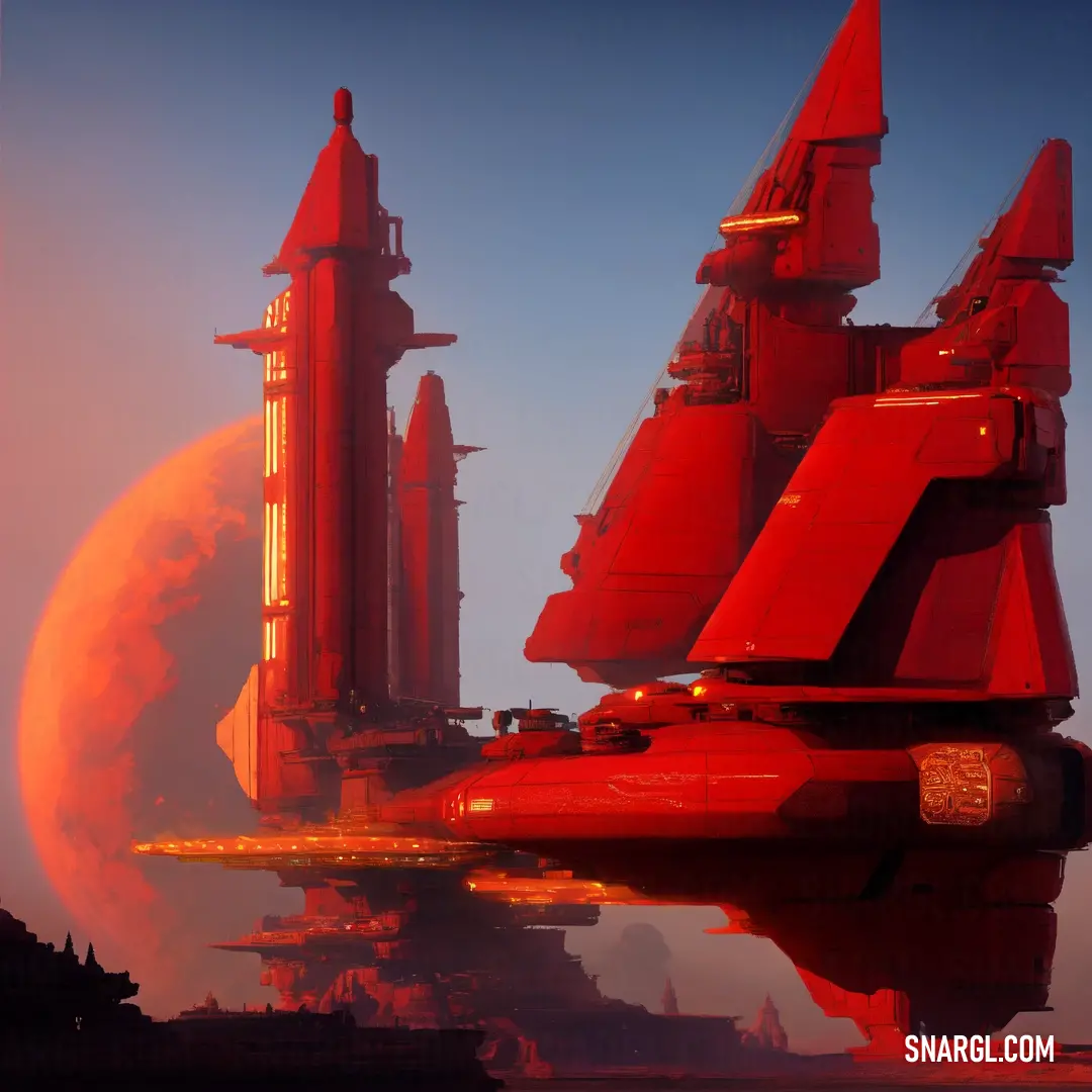 Futuristic city with a red moon in the background