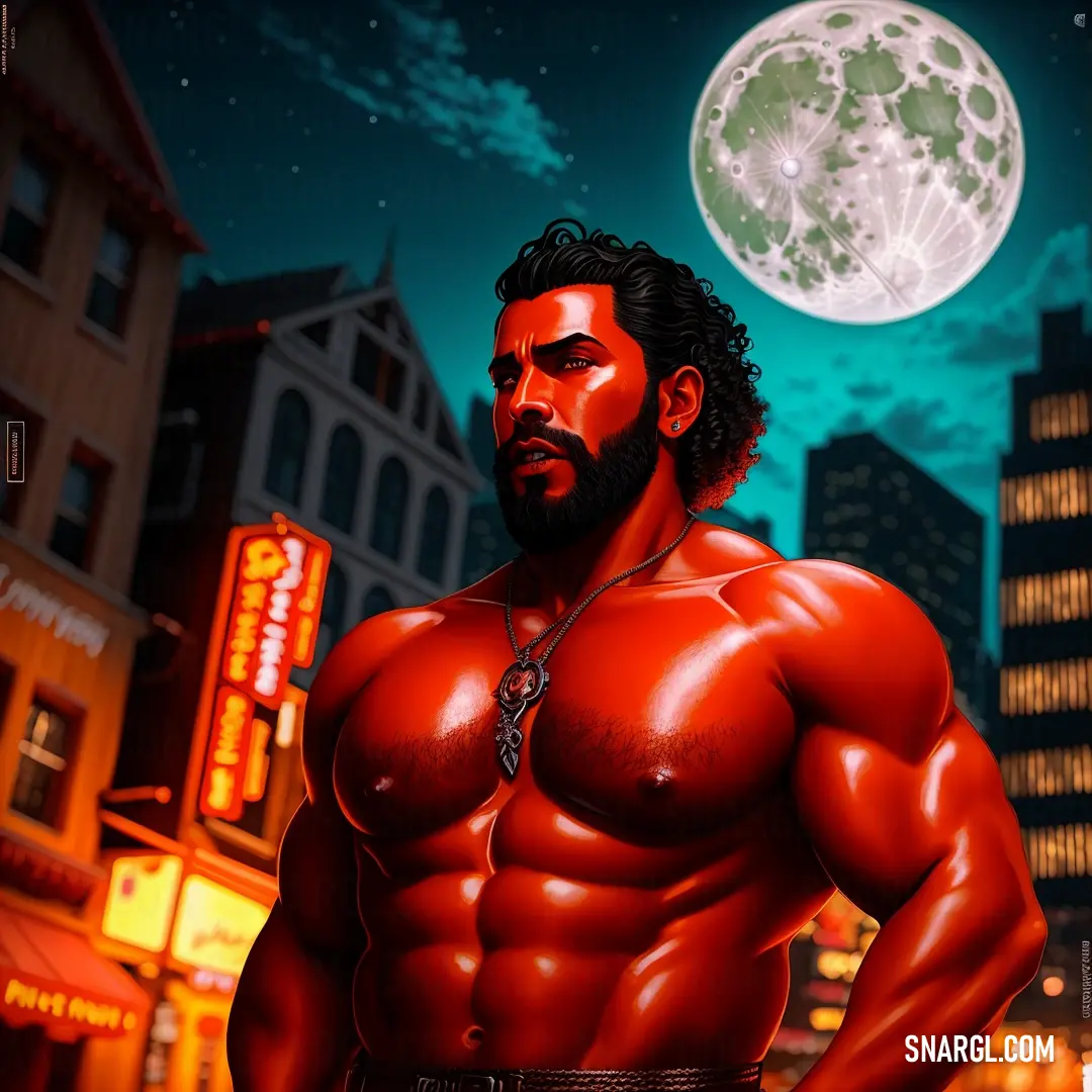 Man with a beard and a beard standing in front of a city at night with a full moon