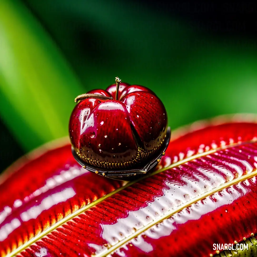 Red apple on top of a green leafy plant stem with water droplets on it's surface