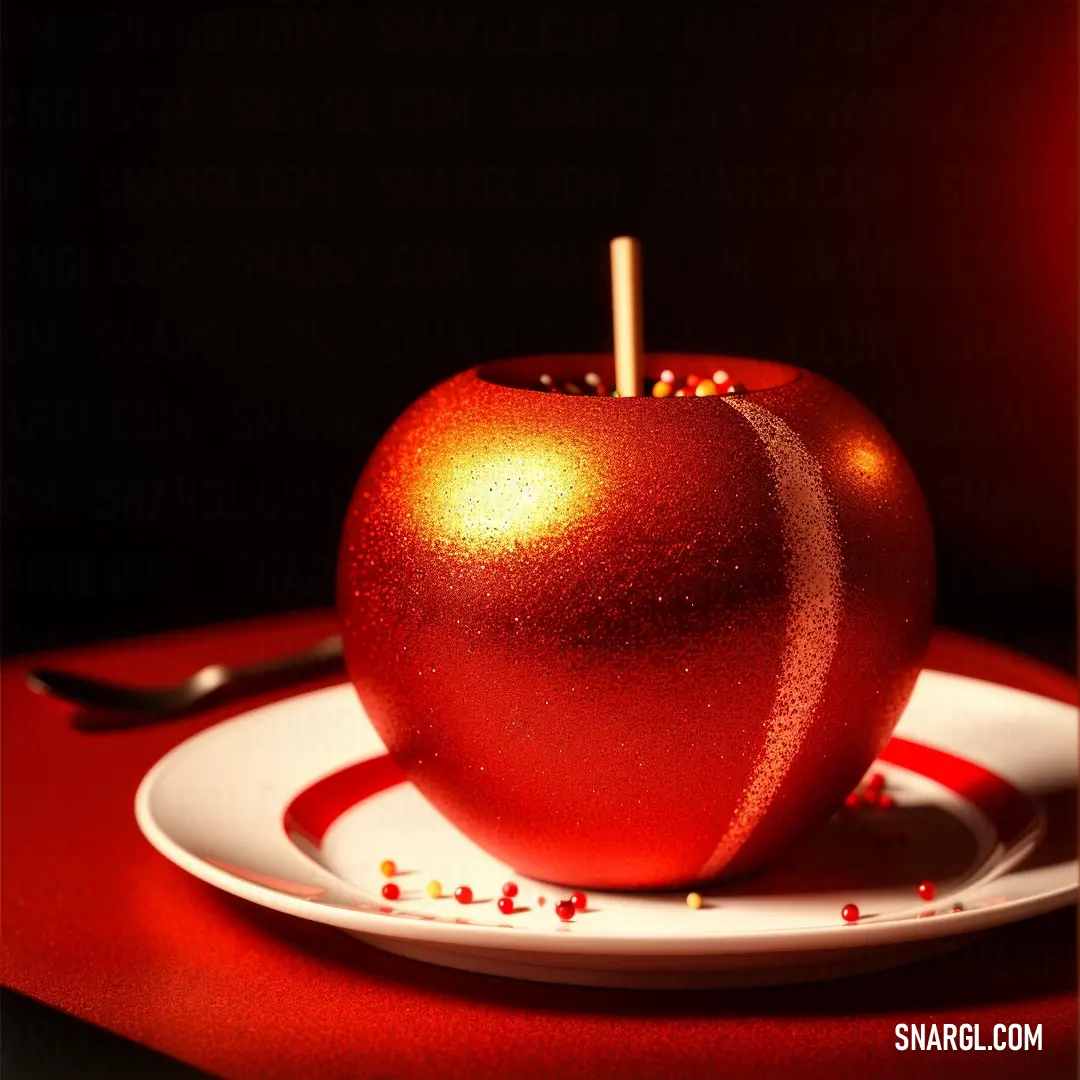 Red apple on top of a white plate on a red table cloth next to a fork and knife