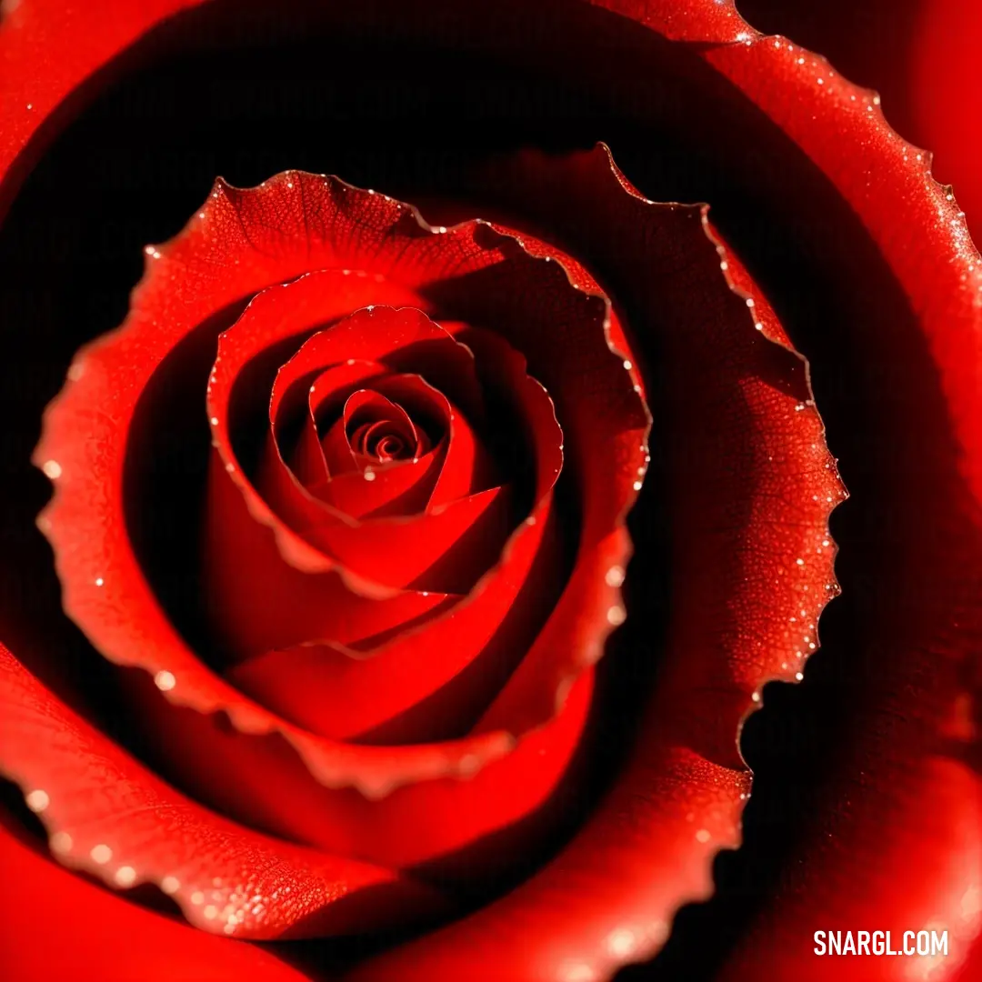 Close up of a red rose with water droplets on it's petals and petals are in the center. Example of #D40000 color.