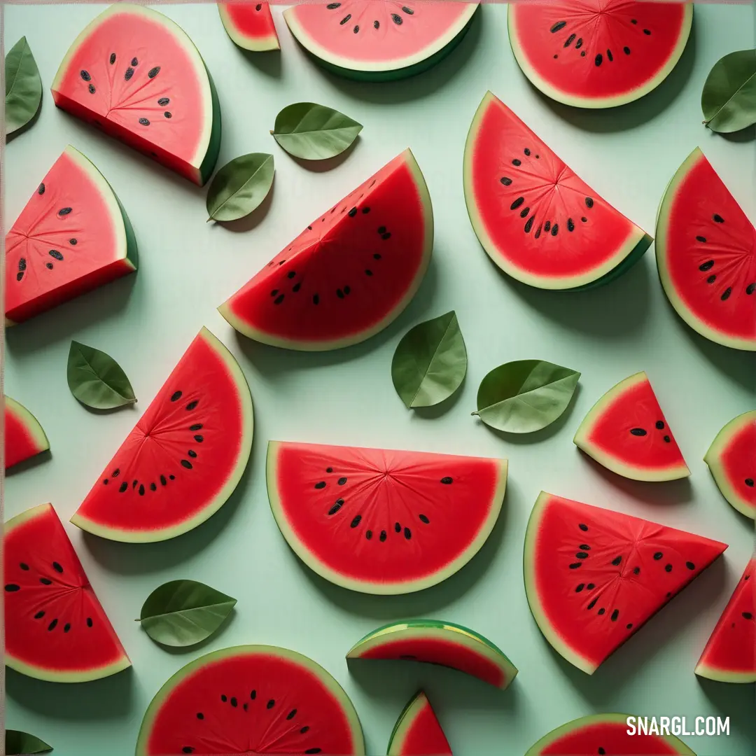 Rosso corsa color example: Group of slices of watermelon with leaves on them and a piece of one of the watermelon on the other