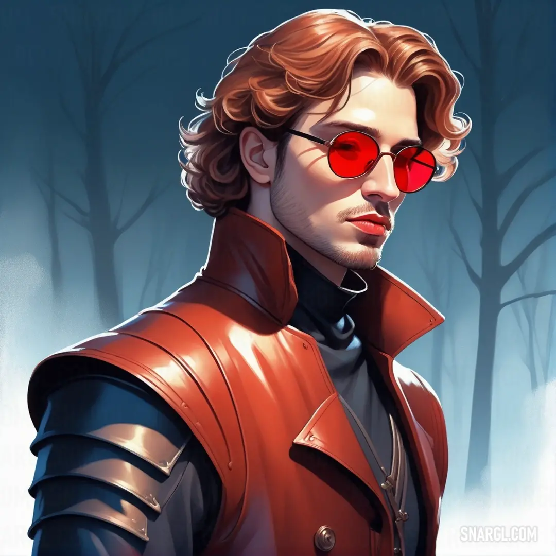 Man in a red leather jacket and red sunglasses with trees in the background. Example of RGB 212,0,0 color.