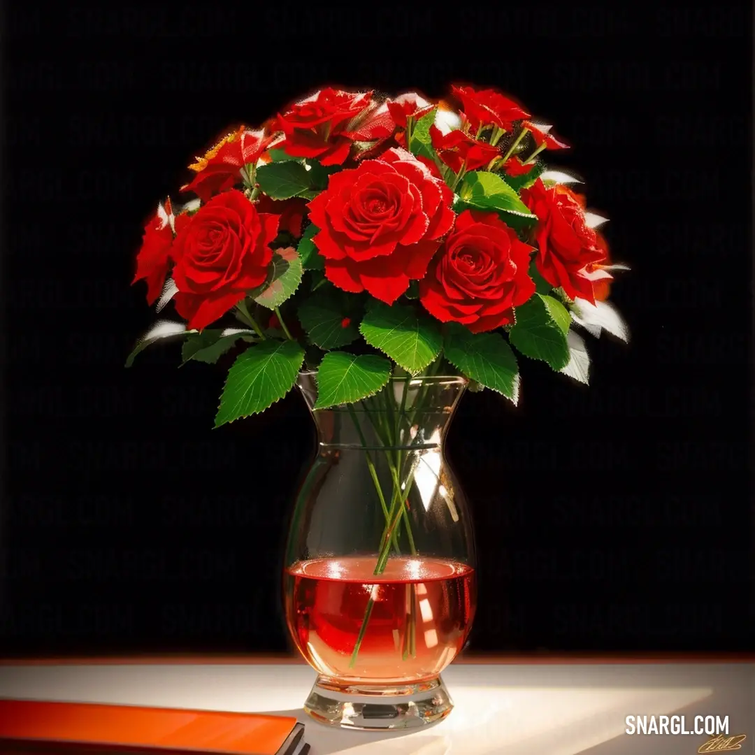 Vase filled with red roses on top of a table next to a knife and a glass of wine. Color RGB 212,0,0.