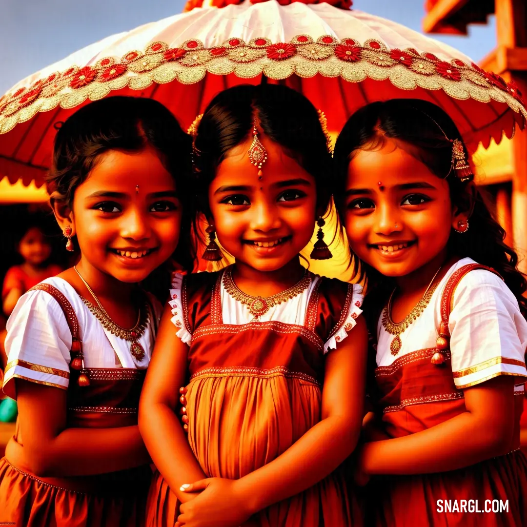 Three young girls are standing under an umbrella together