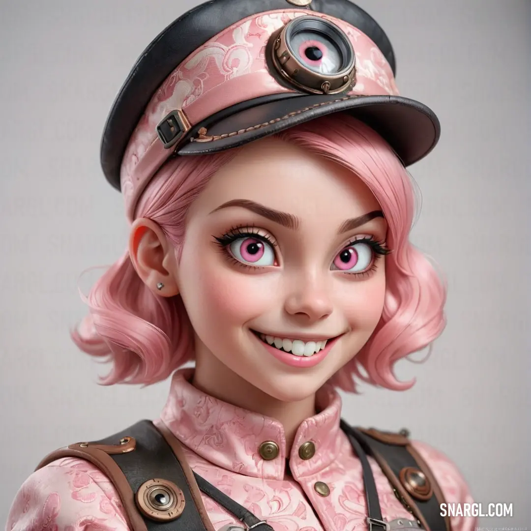 Cartoon character with pink hair and a hat on her head and a pink wig and eye makeup is smiling