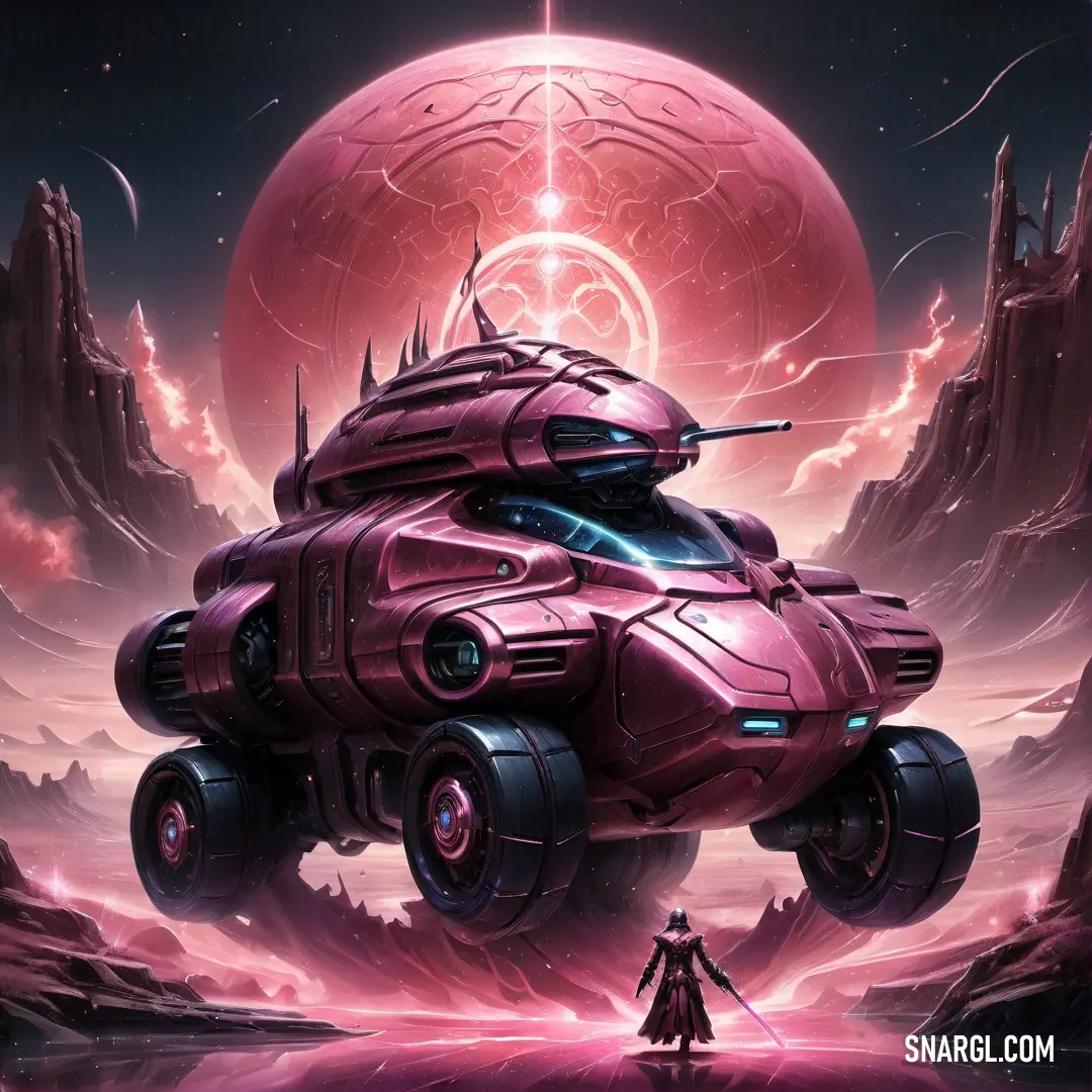 Futuristic vehicle with a man standing in front of it in the middle of a desert area with a giant pink object in the background