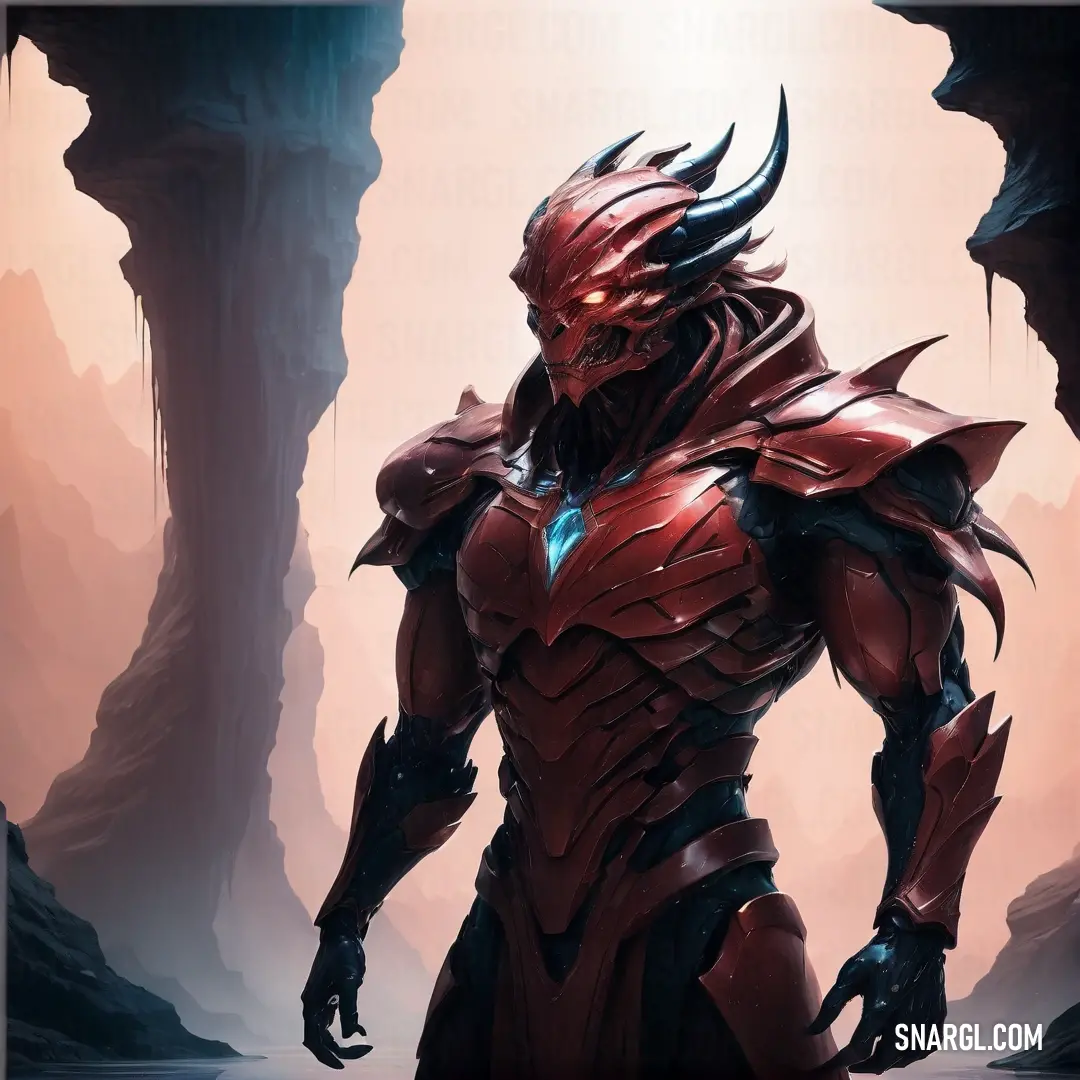Man in a red suit standing in a cave with horns on his head and a demon like face