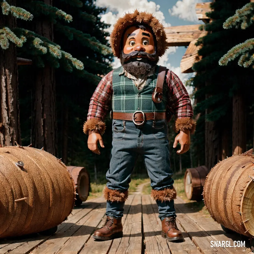 Man with a beard and a beard wearing overalls and a hat standing on a wooden platform with barrels