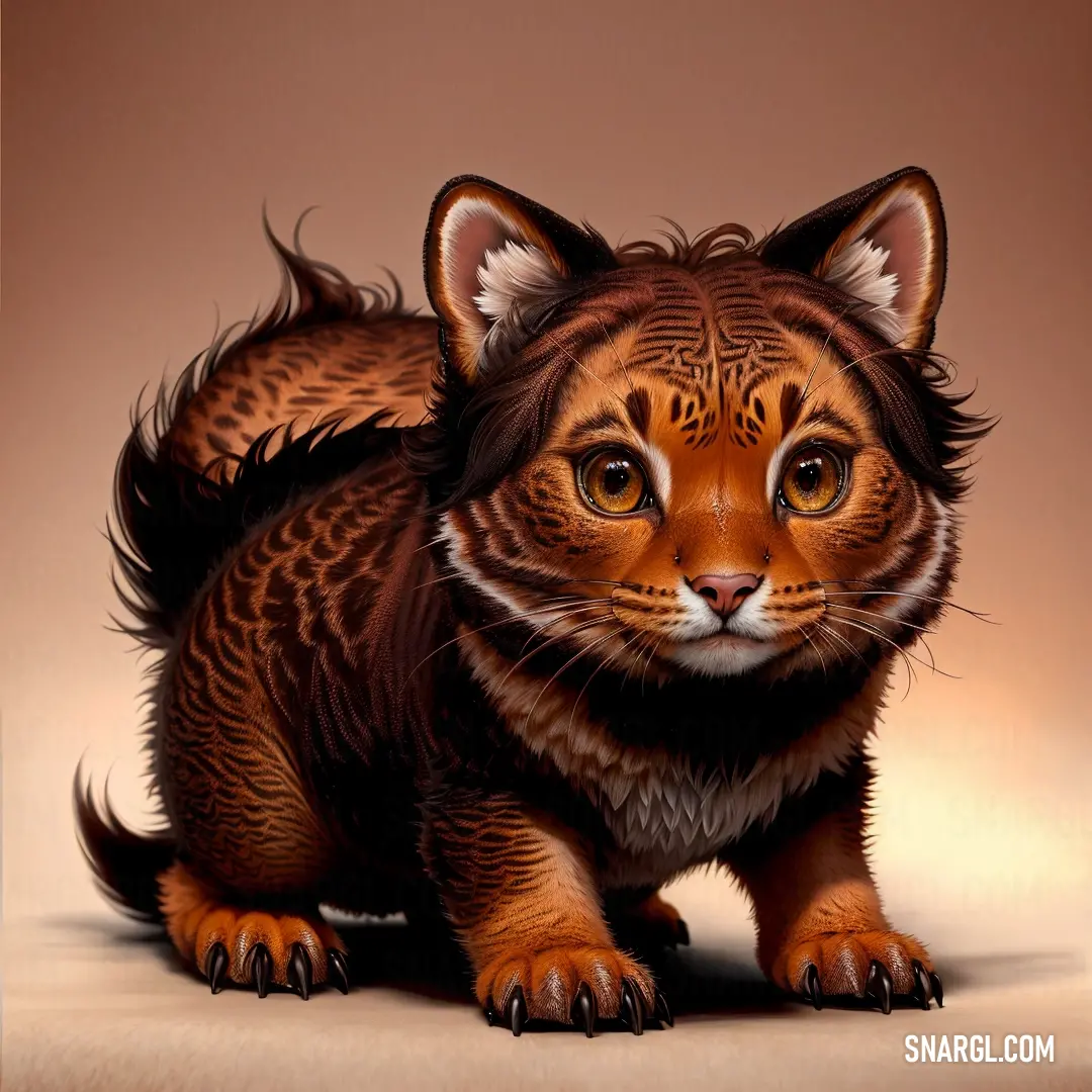 Painting of a tiger cub with a brown background and a white spot on its face and tail