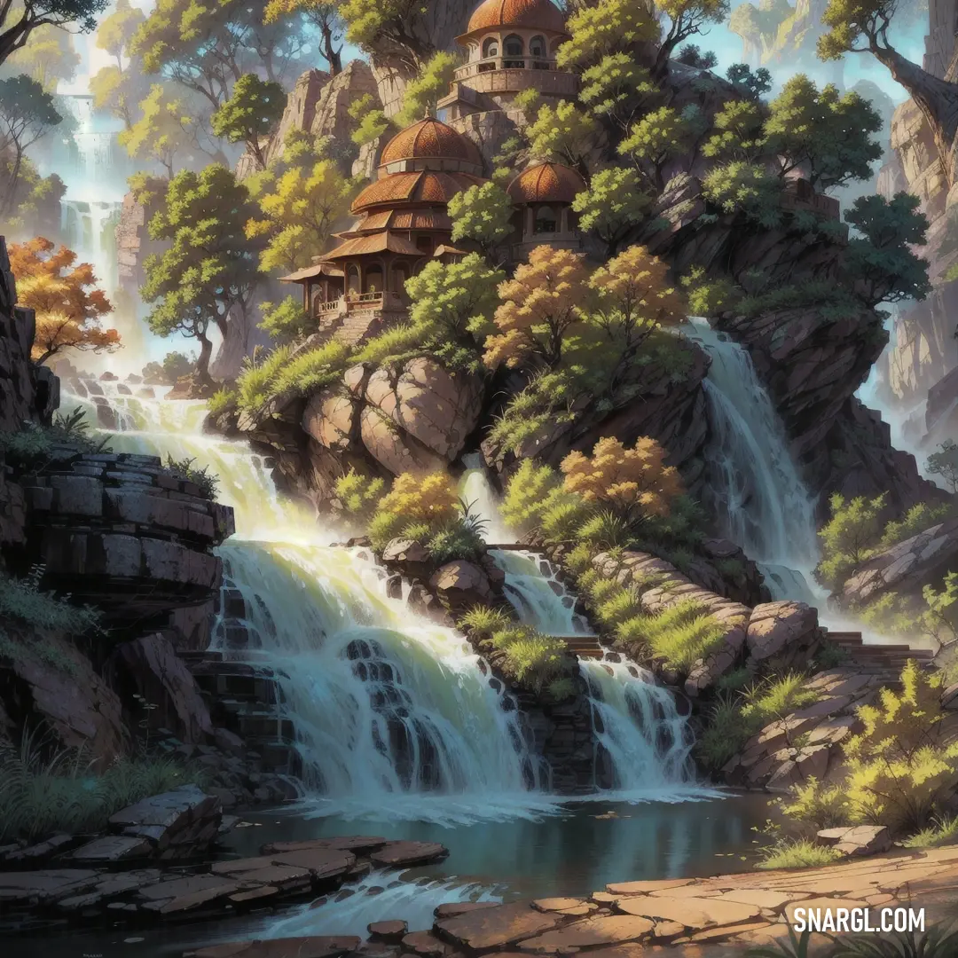 Painting of a waterfall with a castle on top of it and a waterfall below it with a bridge