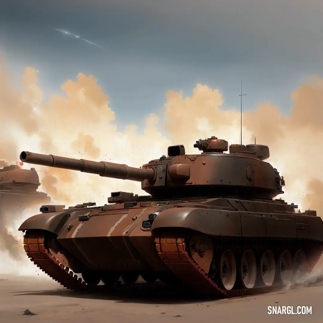Tank is moving through the desert with smoke coming out of it's back end and a sky filled with clouds