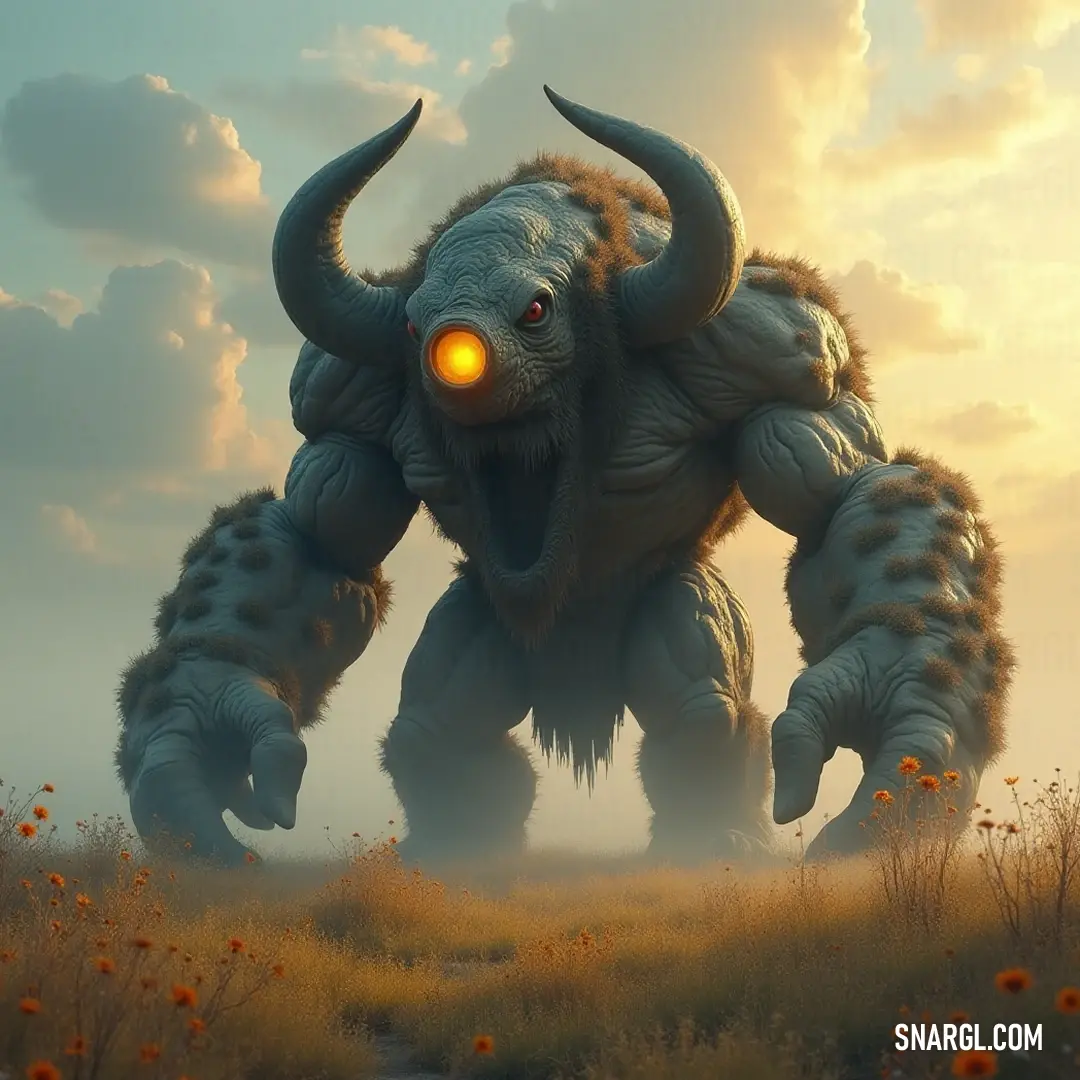 Amidst a thriving meadow, a magnificent Giant Rothak showcases its ethereal glowing eyes, creating a striking juxtaposition between its formidable stature and the delicate blooms surrounding it in enchanting harmony. A majestic Rothak presents itself within a vibrant field of flowers and grass, its glowing eyes captivating those who gaze upon it. The blue sky above reflects serenity, contrasting the creature's powerful demeanor with nature's tender beauty.