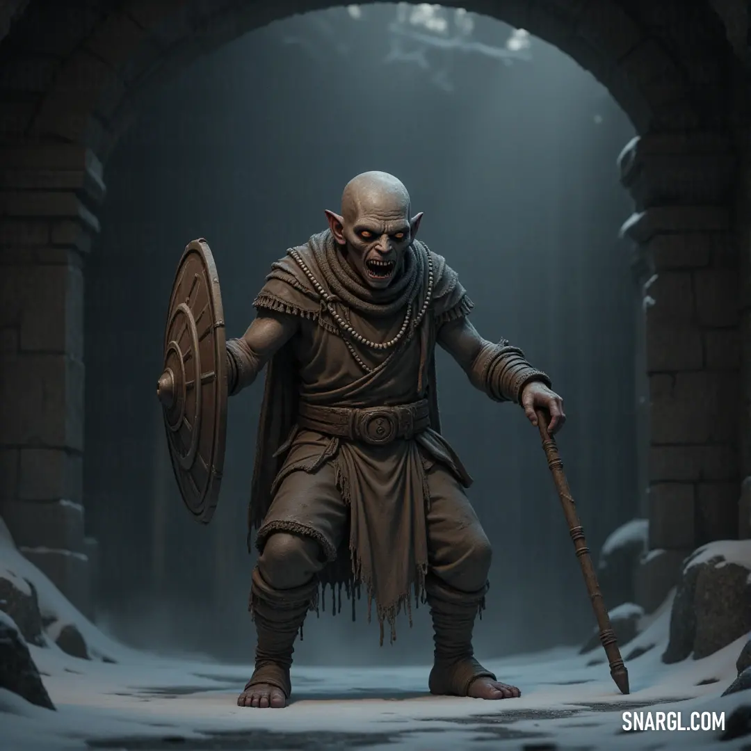 A Rotted warrior, shield raised and sword ready, stands in a snowy cave, light illuminating his brave stance as he prepares for battle. A cartoonish figure of a Rotted warrior, shield and sword in hand, stands in a snow-filled cave. A beam of light shines down on him, casting long shadows and giving him an air of heroic resilience against the cold, harsh surroundings.