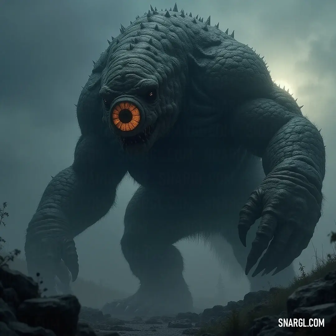 A fearsome Giant Rout with luminous eyes and a mouth filled with jagged teeth stands watch in a mystical fog, where the secrets of the night dwell, inviting observers to delve deeper into its enchanting world. In a shrouded fog, the formidable Giant Rout looms. With its countless teeth and glowing eyes, it captivates the imagination, embodying the raw power of the unknown, while a strange eyeball glints ominously from its enormous mouth.