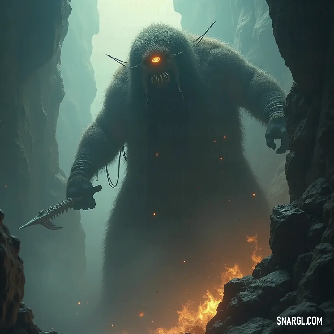 In the heart of the cave, behold a colossal beast with blazing eyes and a sword, its fiery breath a stark contrast against the terrifying darkness that surrounds it, radiating raw power and intensity. A gigantic, fearsome creature emerges from the shadows of a cavern, its fiery breath illuminating the dark chamber as it brandishes a sword, eyes glowing ominously, a true titan of myth and legend.