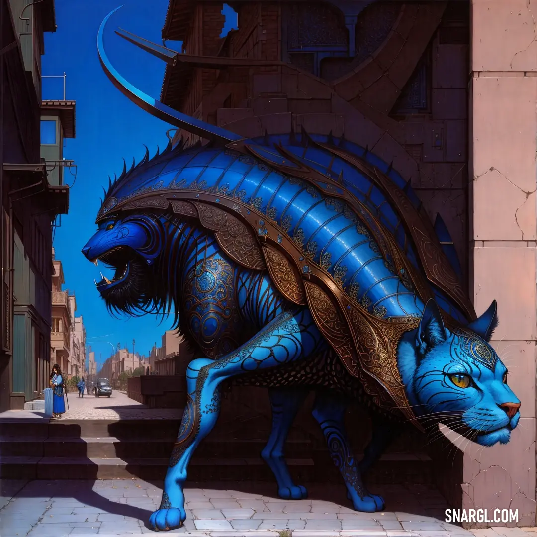 Blue cat statue is standing on a sidewalk in front of a building with a blue dragon on it's back